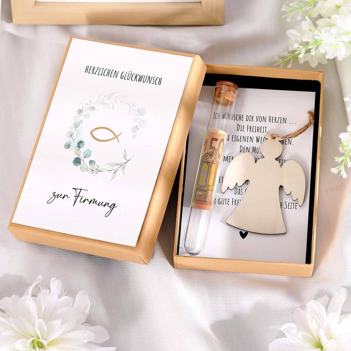 SnelShoppen - Bevestiging geldgeschenken voor jongens en meisjes, houten geschenkdoos met engelhanger, wensbuis met kurk, bevestigingskaarten en henne