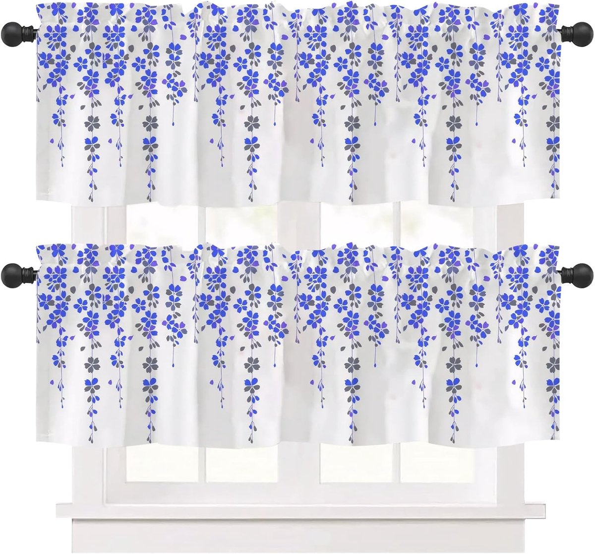 SnelShoppen - 2 Stuks Korte Gordijnen Waterverf Bloem Motief Keuken Gordijn Modern Volants voor Slaapkamer Woonkamer Café Decoratie, Blauw