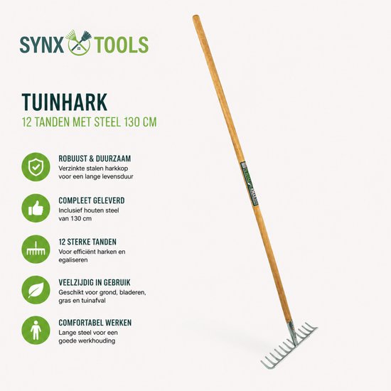 Synx Tools Tuinhark 12 Tanden verzinkt - Harken - Bodembewerkers - Onkruidverwijderaar - Tuinartikelen - Compleet Incl. 130cm steel van Synx Tools — afbeelding 2