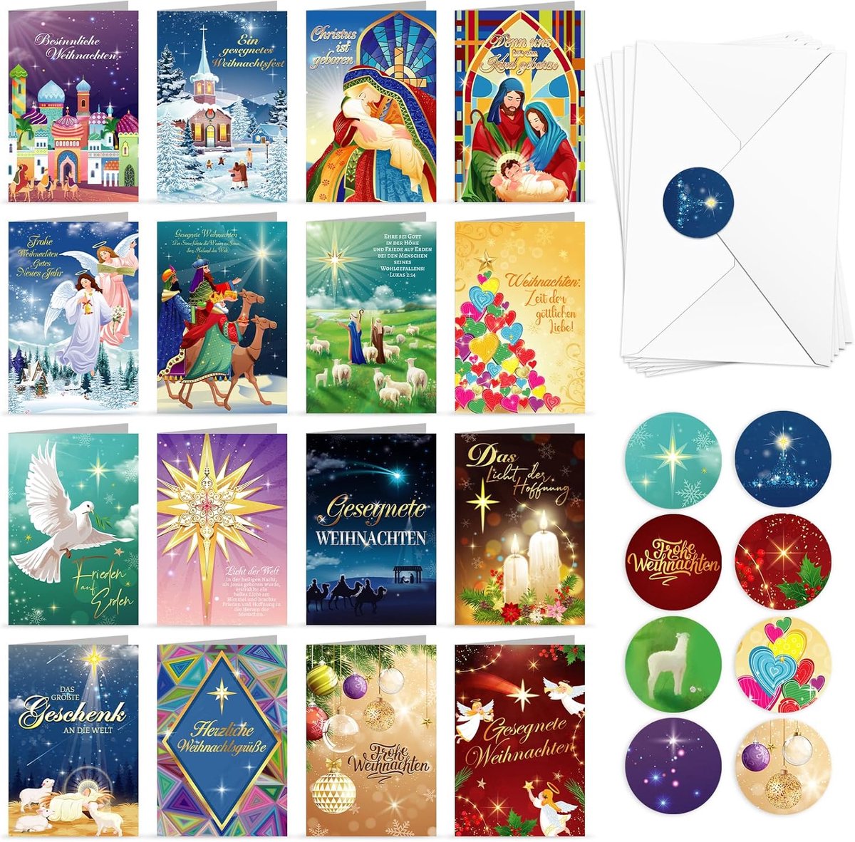 SnelShoppen - 16 Kerstkaarten met Envelop Stickers, Vouwkaarten, Lege Religieuze Kerstkaarten, Manger Motief, Christelijke Zegswijzen, Originele Noble
