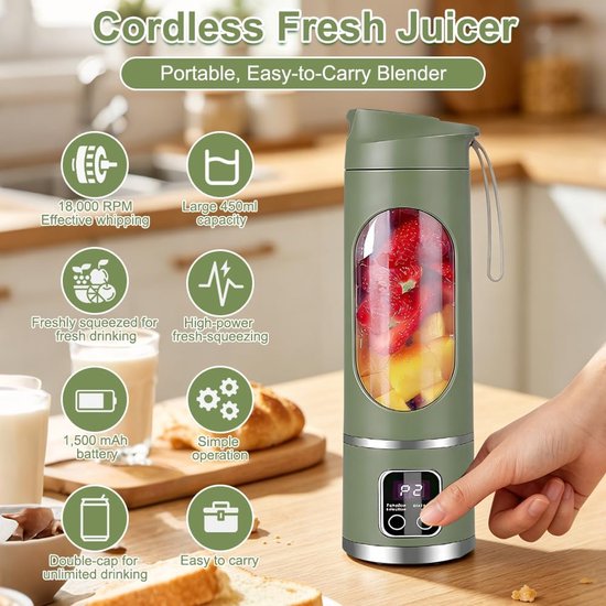Draagbare Blender - Mini Mixer - Smoothies Maken - 12 RVS Bladen - 450 ml - Olijfgroen — afbeelding 5