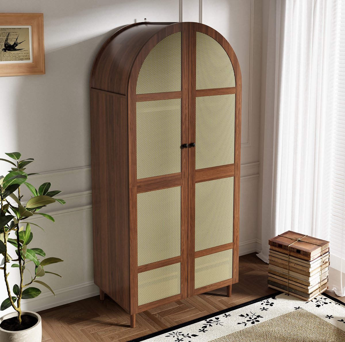 FloraGrace Kledingkast Gebogen Deuren Met Rattan Paneel En Lade Met Kledingstang En Planken Voor Slaapkamer En Hal Walnoot 80x50x179 Cm