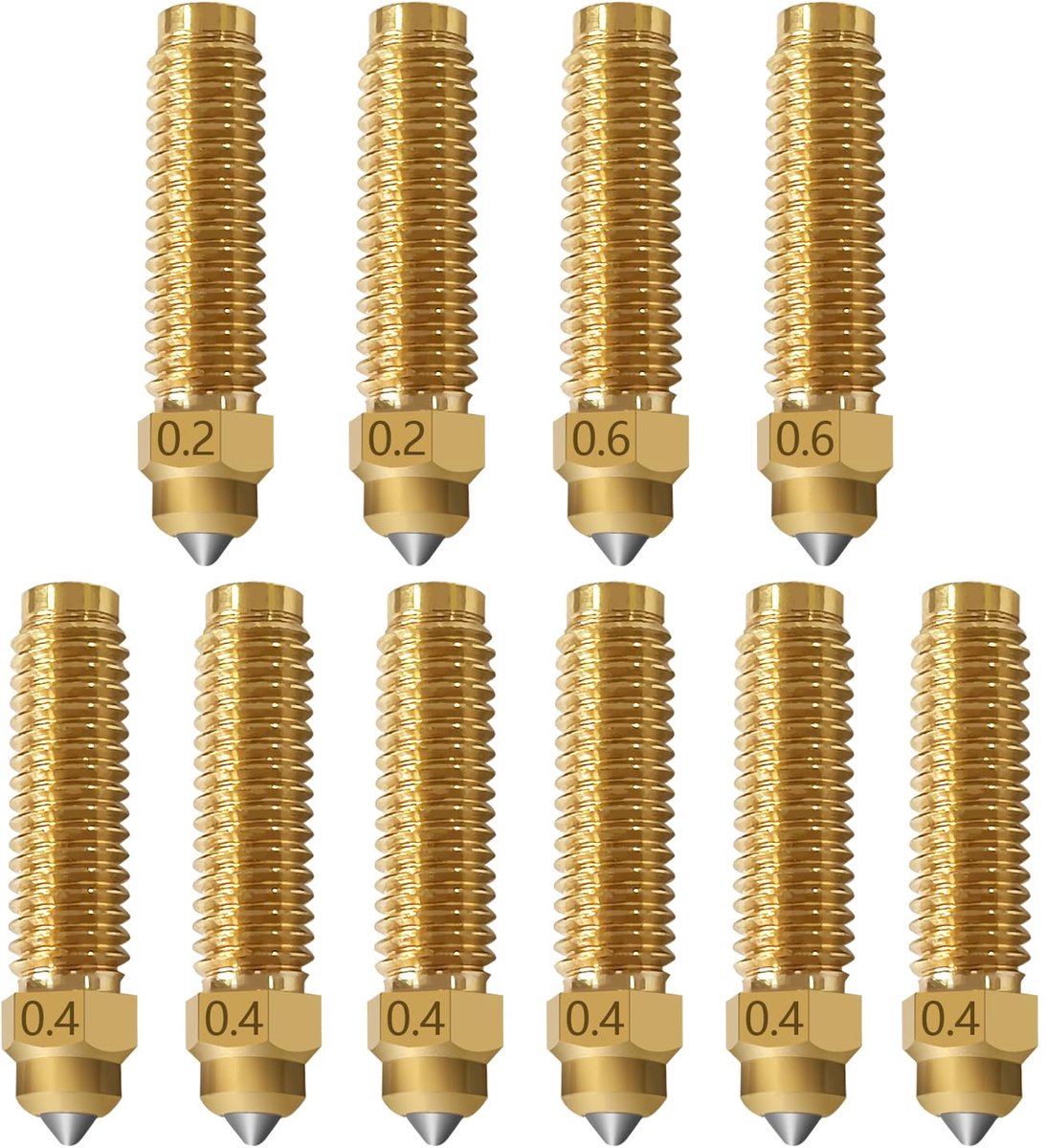 SnelShoppen - 10 Stuks Messing Verstevigde Staal Nozzles voor 3D Printers - 0.2mm, 0.4mm, 0.6mm - Hoge Warmtegeleiding, Slijtvast, Geschikt voor Elego