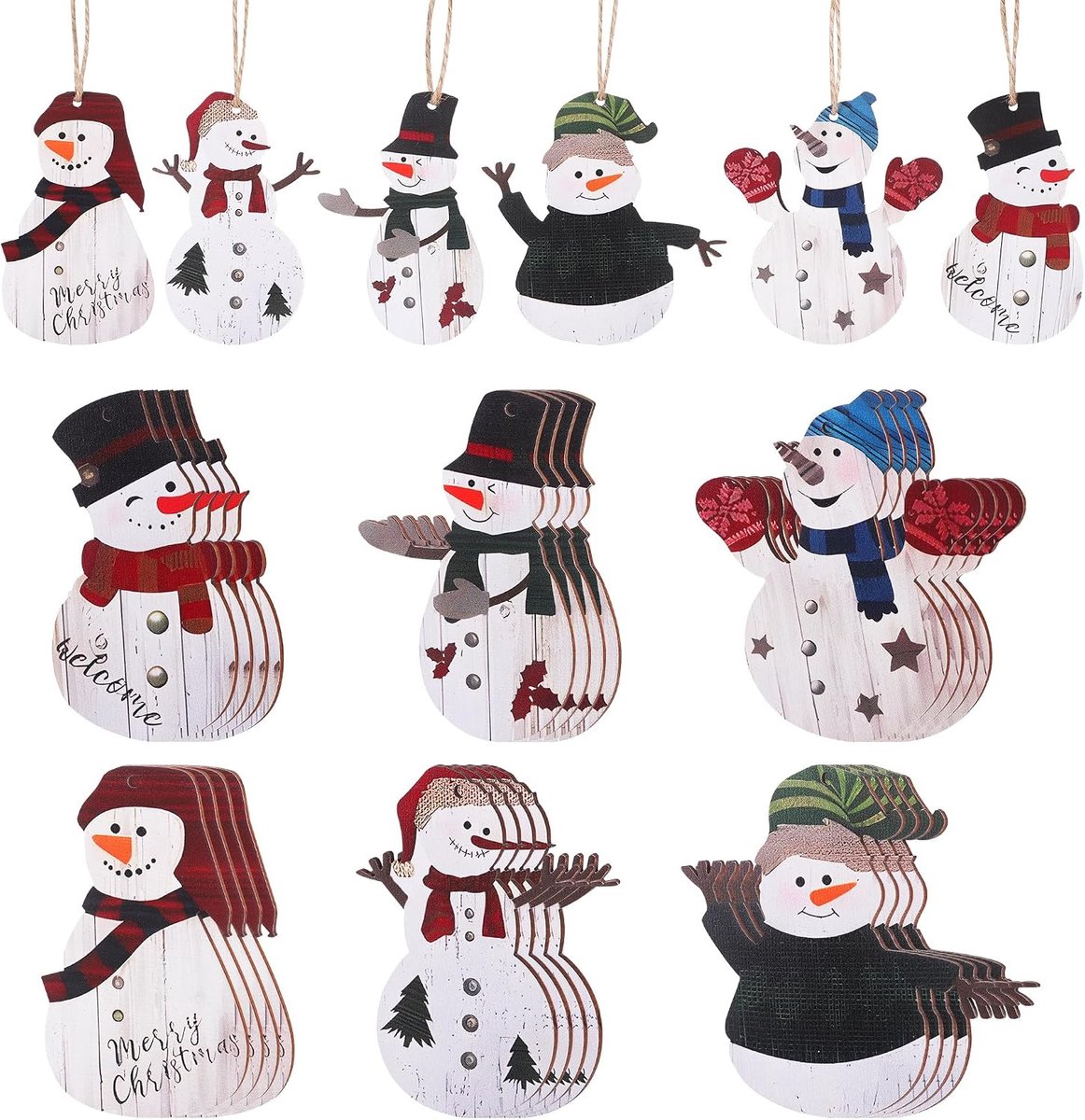 SnelShoppen - 24 Stuks Kleine Houten Sneeuwman Kerstboom Hangdecoraties, Kerstversieringen voor de Feestdagen, Geluksamulet voor Oud en Nieuw (Zes Sti