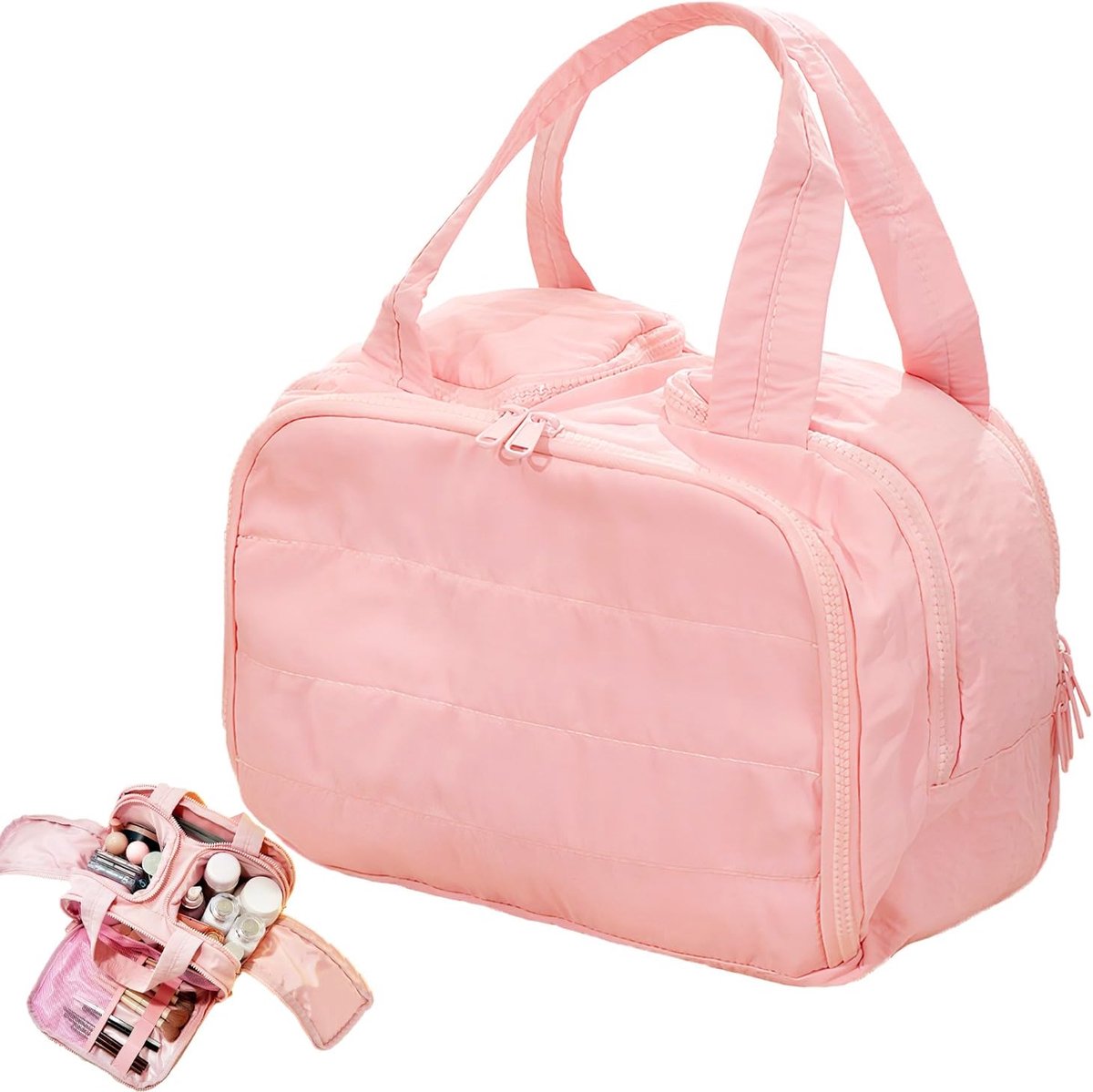 Large Cosmetic Bag with Compartments for Women – Toiletry Bag with Handle, Makeup Organizer and Pink Cosmetic Travel - ShopVlot