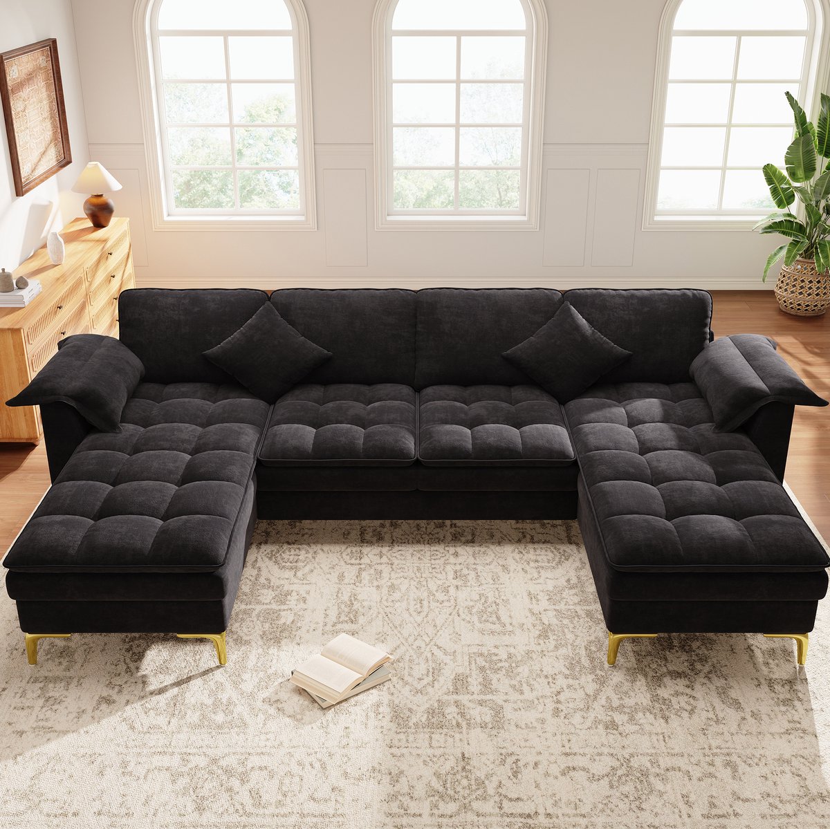 MIVRAY U-Bank 262 Cm - 4-Zits Modulair Met Dubbele Chaiselongues En Kussens - Voor Woonkamer En Slaapkamer - Chenille Zwart