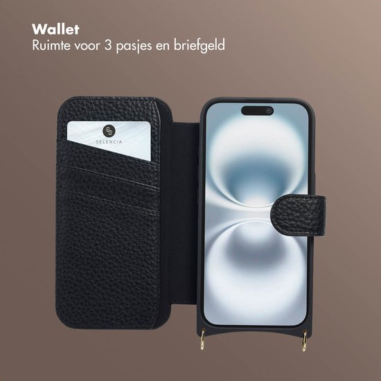 Zwarte telefoonhoes met ruimte voor 3 pasjes en briefgeld. Opengeklapt met telefoon.