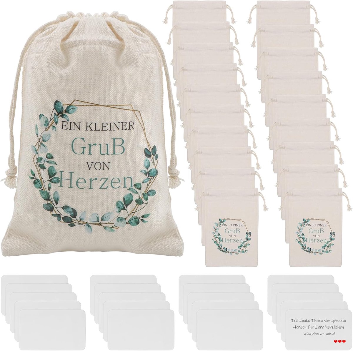 SnelShoppen - 20 Stuks Cadeauzakjes van Stof 10x15 cm met Trekkoord en 20 Blanco Kaarten - Herbruikbare Katoenen Zakjes voor Doop, Bruiloft, Verjaarda