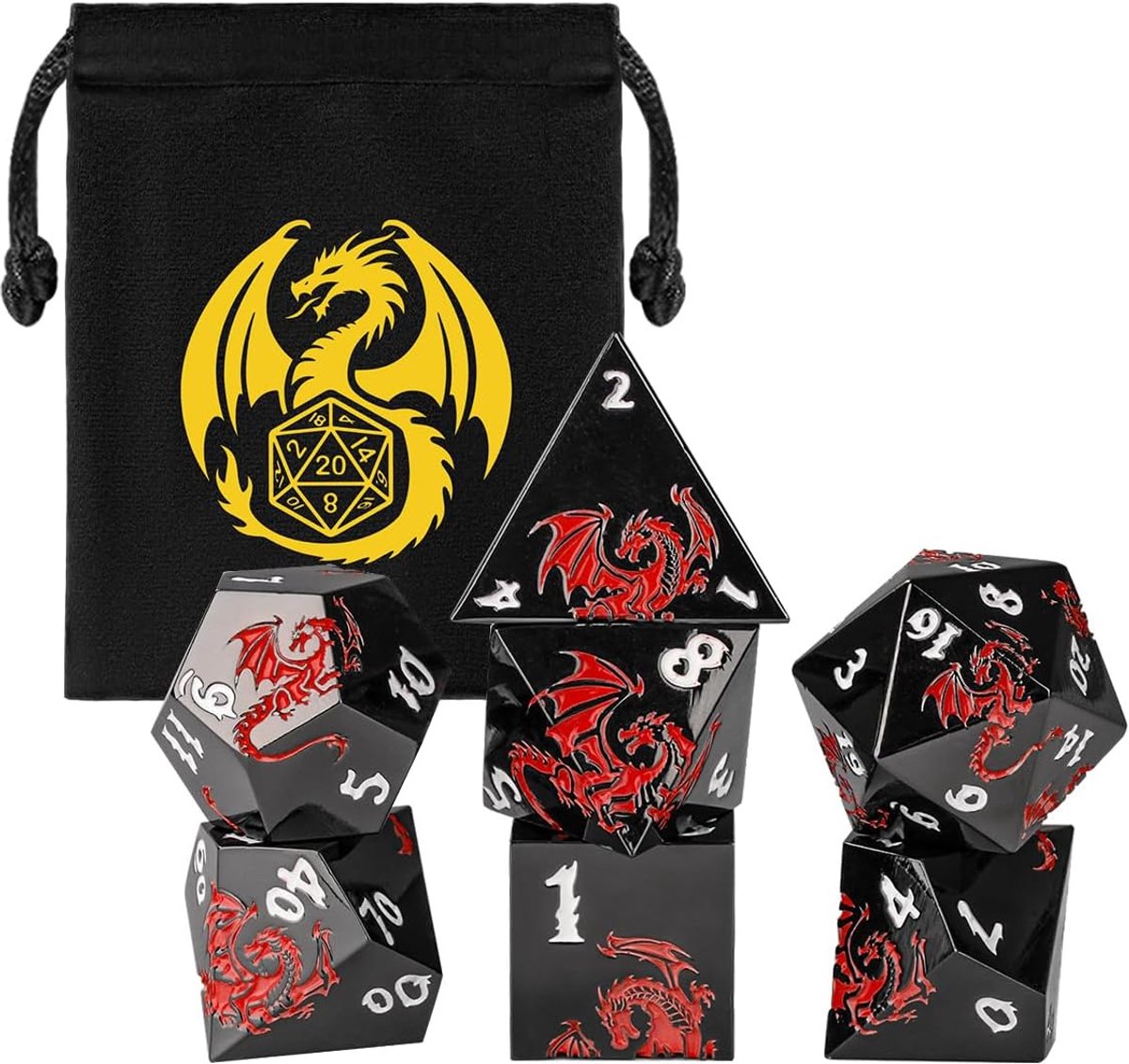 SnelShoppen - Metalen dobbelstenenset met rood draakpatroon, 7-delige polyedrische DND dobbelstenen set D4 D6 D8 2 D10 D12 D20 met geschenkzakje voor