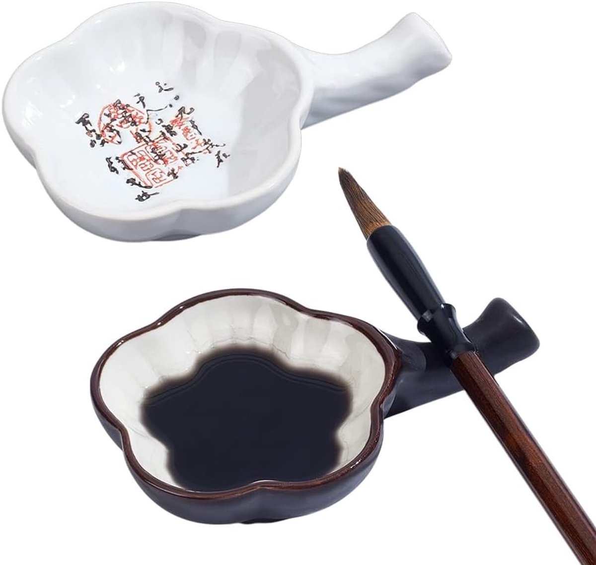 SnelShoppen - 2 Stuks Keramische Inktkom Inktschalen Porselein met Penseelhouder voor Chinese en Japanse Calligrafie en Schilderkunst