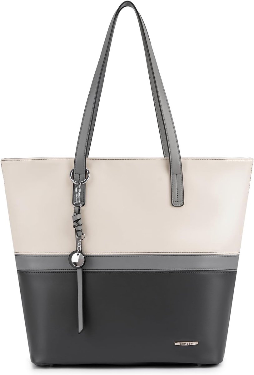SnelShoppen - Dameshandtas Multicolor Gestreepte Schoudertas Shopper, Olifantgrijs, Premium Nepleer, Ruim, Handig voor Dagelijks Gebruik