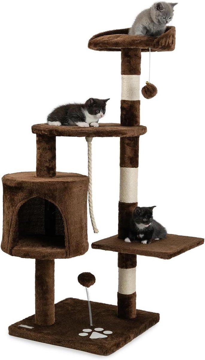 Krabpaal voor katten - Kattenboom speelmeubel - Spelen en rusten - Met grot en ballen - 112 cm hoogte - Bruin