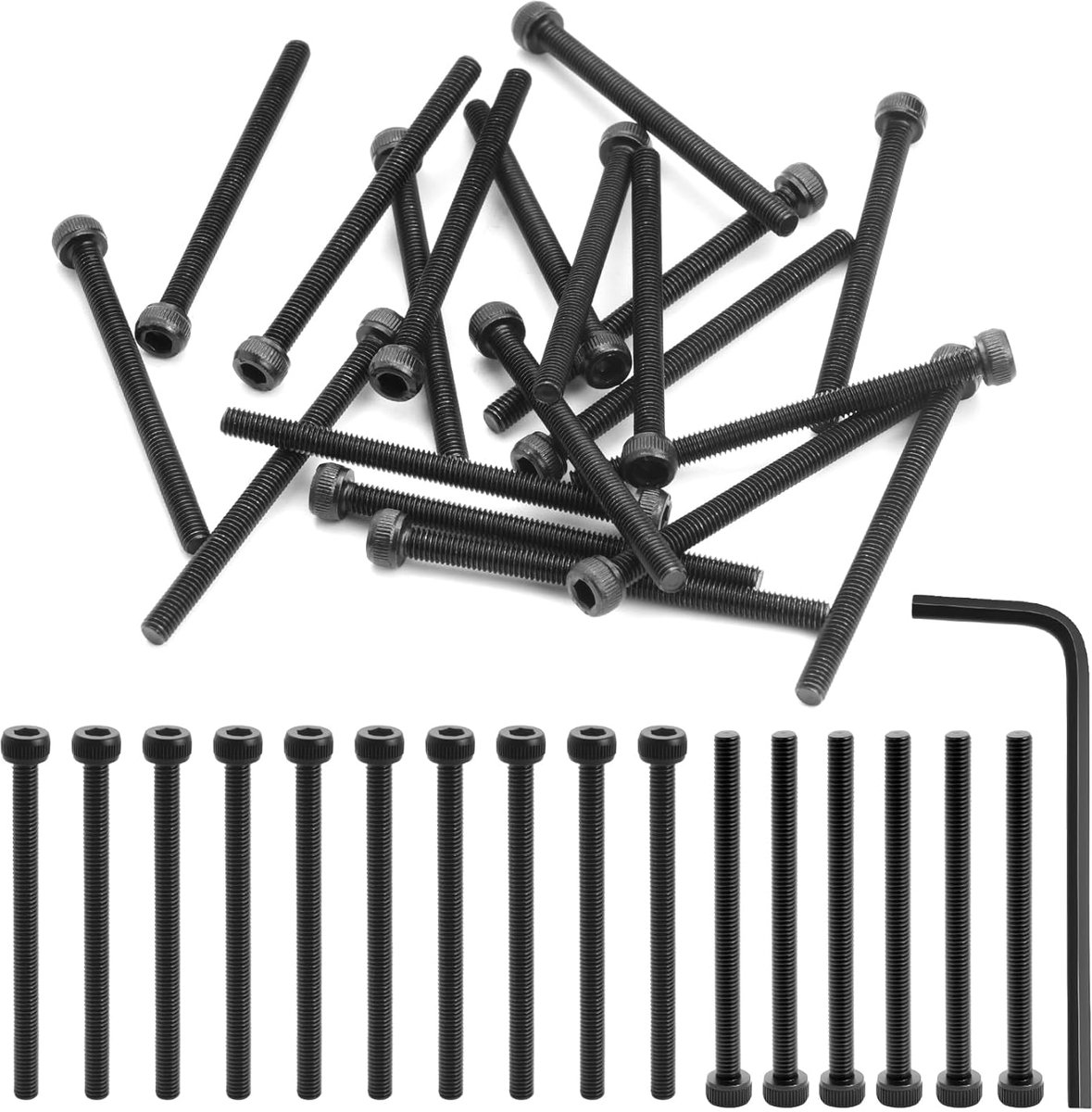 SnelShoppen - 120-delige M3 Schroefset, M3 x 40mm Zeskant Schroeven met Inbussleutel, Cilinderkop Schroeven, Volledige Draad, Zwart, Voor Bouw en Klus