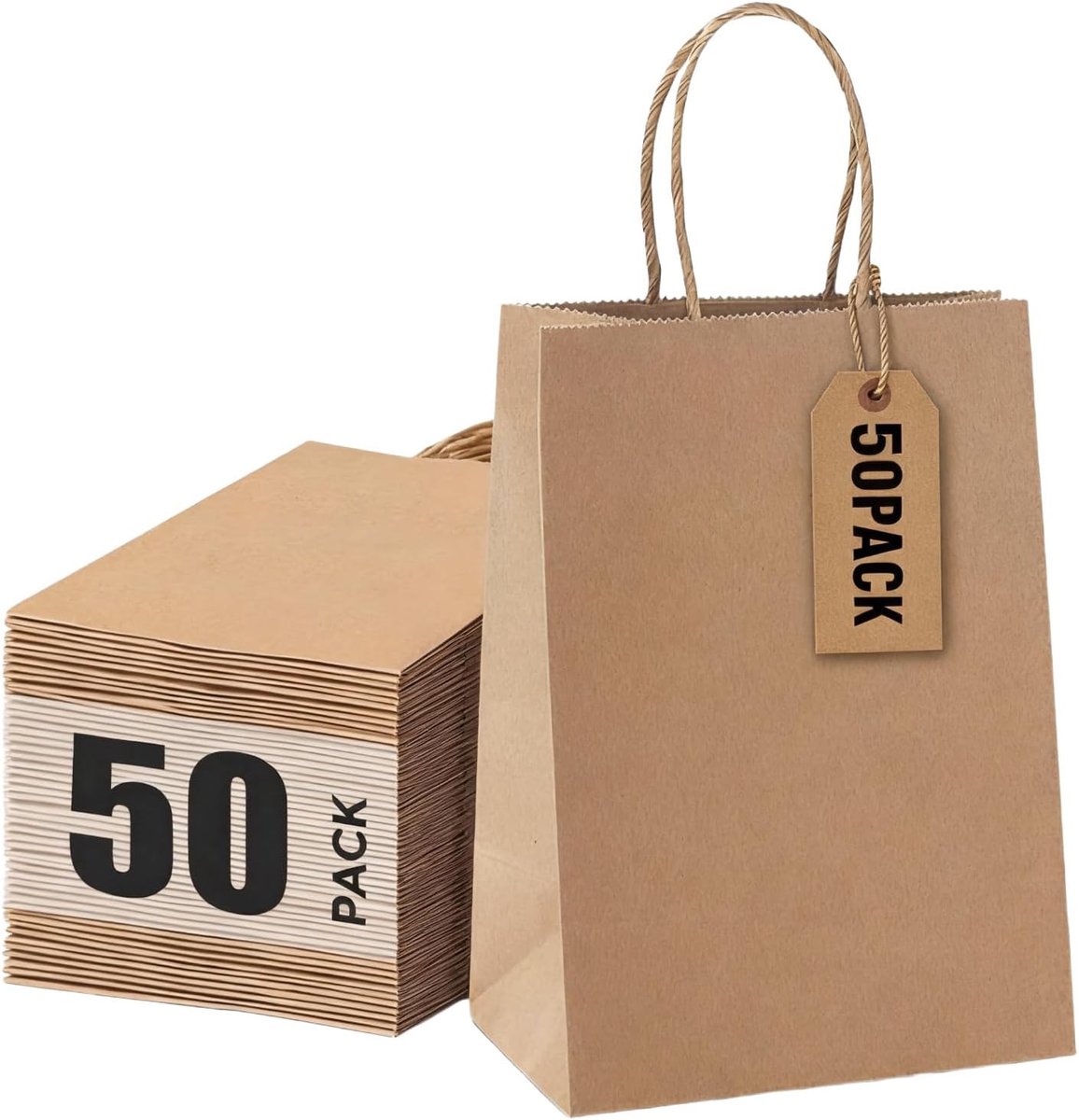 OFFASST 50 stuks kraftpapieren zakjes met handgrepen, 15 x 8 x 21 cm, kleine cadeauzakjes voor geschenken, verjaardag - ShopVlot
