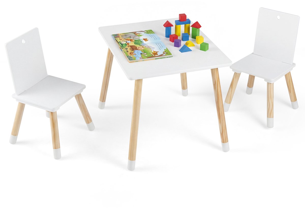 COSTWAY 3-delige kindermeubelset van hout, kindertafel met 2 stoelen, kinderzitje, tekentafel voor kinderen om te spelen, leren, eten, wit