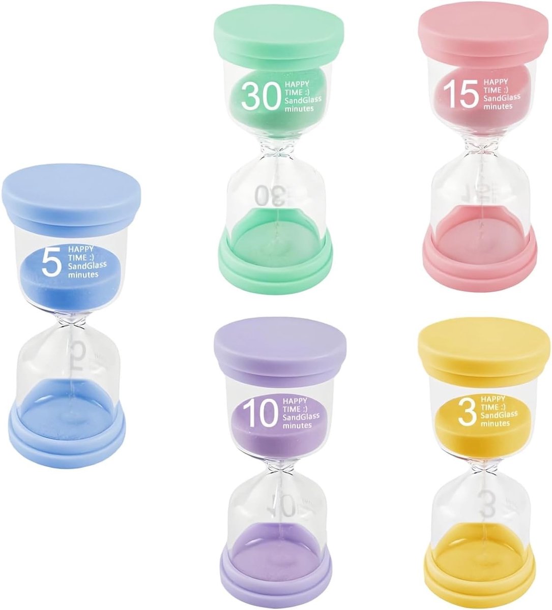 5-delige zandloper set voor kinderen, kleurrijke zandlopers voor leren, spelletjes en keuken, 3/5/10/15/30 minuten tijdsinstellingen
