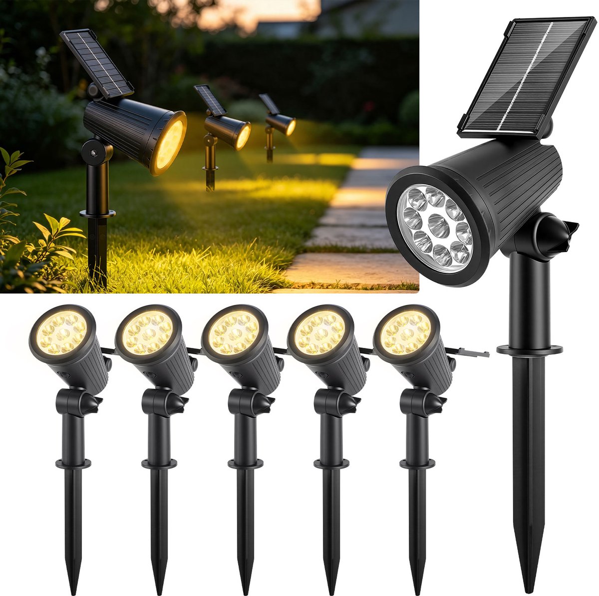 Set van 6 Solar Tuinspot met Grondspies - Tuinverlichting Buitenverlichting Prikspots - Waterdicht IP65 - Warm Wit zonnespot voor buiten
