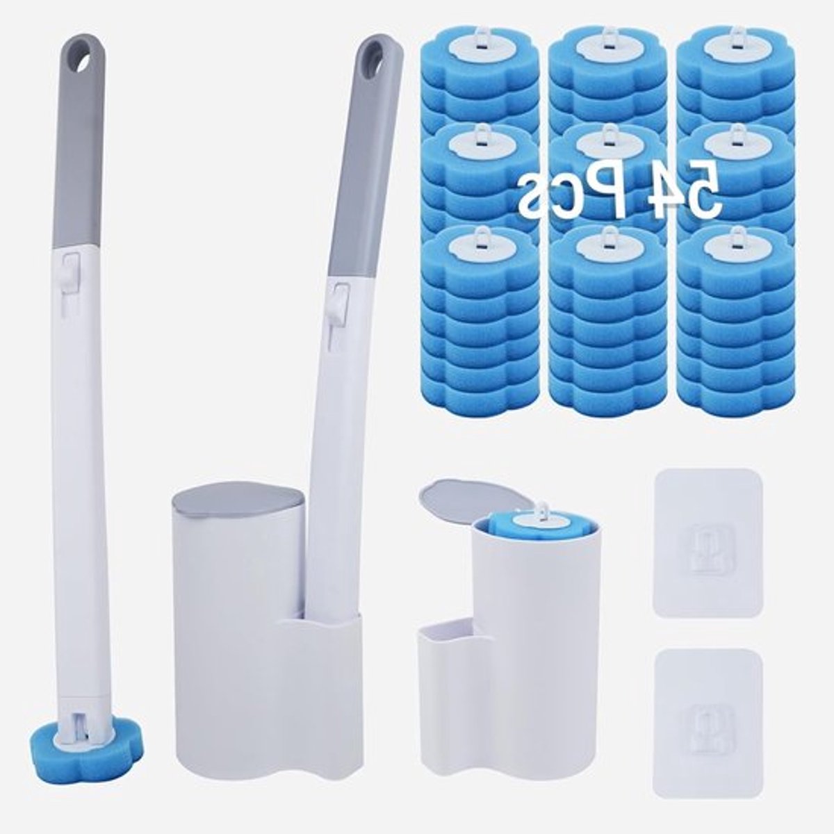 Set van 2 Toiletborstels met Lange Handgreep en Houder, Inclusief 54 Stuks Schoonmaaknavullingen voor Grondige Reiniging