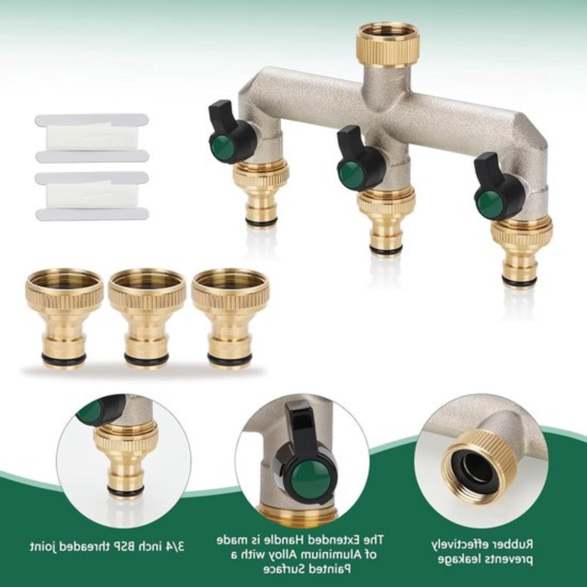 3-weg waterdistributeur met 3/4 inch kraan, verstelbare en vergrendelbare waterstroom voor grote tuinen, robuuste messing constructie