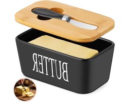 Multifunctionele Botervloot van Porselein met Houten Deksel en RVS Mes - Grote Keramische Botervorm met Siliconen Sluiting voor de Keuken, Ideaal voor Bewaren en Serveren van Boter