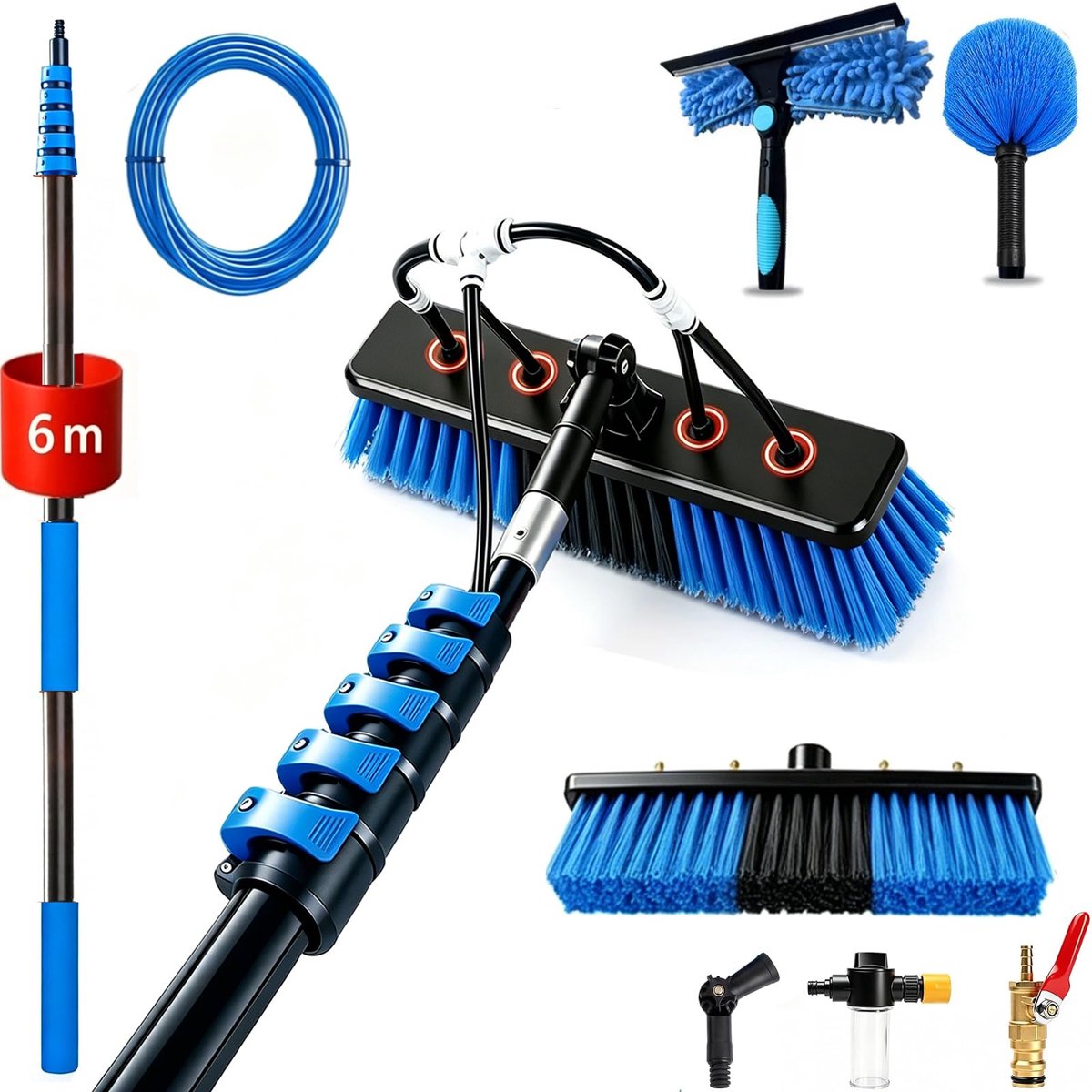 SnelShoppen - 6 m telescopische wasborstel met wateraansluiting, serre reinigingsset incl. wasborstel, raamwisser, stofverwijderingsborstel, zeepdispe
