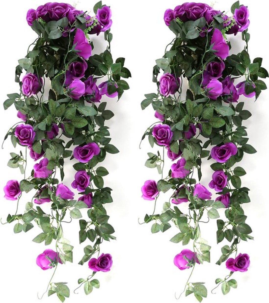 2 Stuks 90CM Nep Hangg planten met Zijde Rozen en Klimop voor Binnen en Buiten Decoratie, Perfect voor Bruiloften en Terrassen - Paars