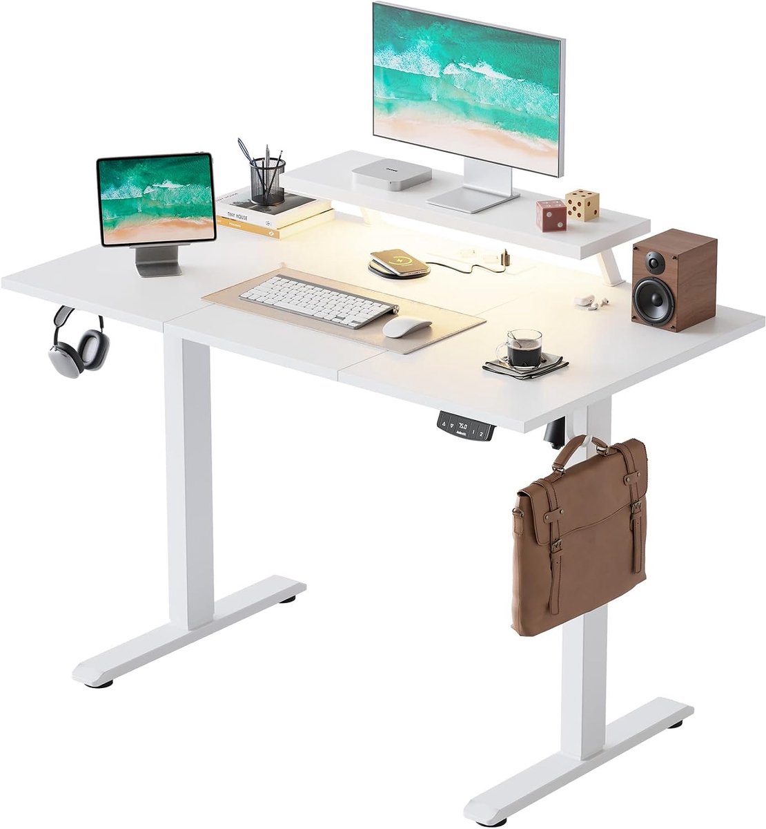 SnelShoppen - Elektrisch In hoogte verstelbaar Bureau 120 x 60 cm met Verplaatsbare Monitorstandaard, LED Lichtbalk en USB Poort, Staand Bureau met 3-
