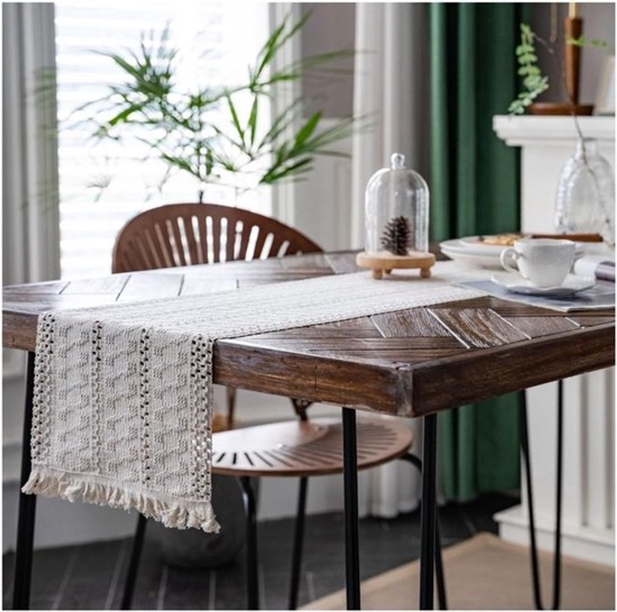 Handgemaakte Macramé Tafelrunner met Kwastjes, Bohemian Tafelkleed van Katoen, Vintage Landelijke Tafeldecoratie voor Feestjes en Evenementen