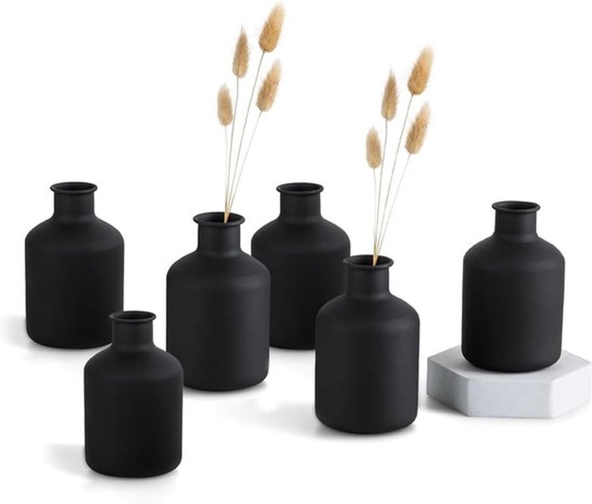 Set van 6 Mini Zwarte Vazen van Metaal voor Droogbloemen - Moderne Decoratieve Cilinder Vazen voor Woonkamer, Eettafel en Slaapkamer