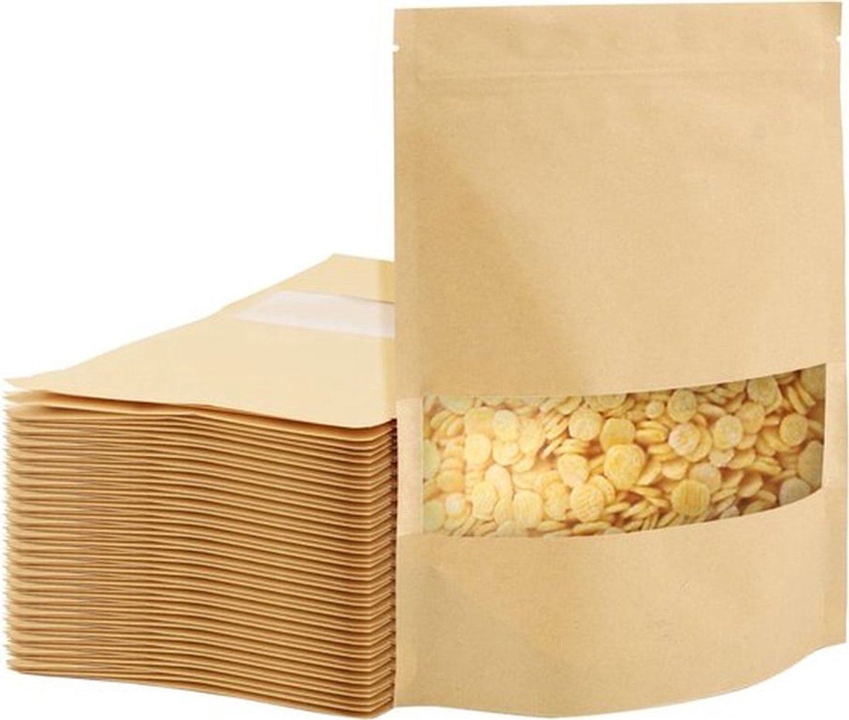 200 stuks Kraft Stand Up-zakken 16 x 22 x 4 cm - Bruine Zelfsluitende Ziplock Papieren Tassen met Venster voor Verpakking en Bewaring