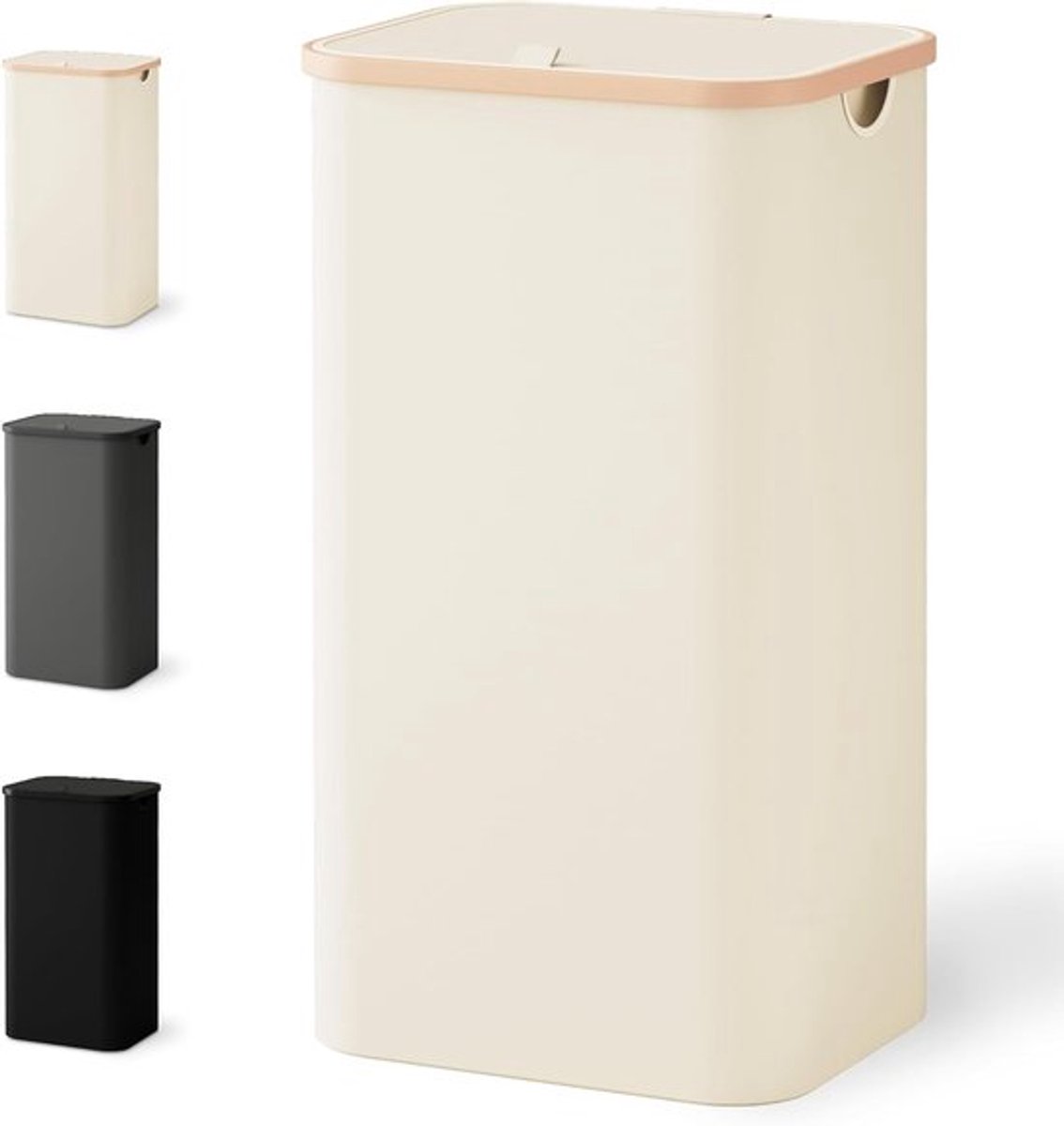 Wasmand met deksel, 100 liter, smalle wasverzamelaar met waszak, opvouwbare was sorteerder met kunststof handvat, hoge beige wasmand voor efficiënt wassen en organiseren