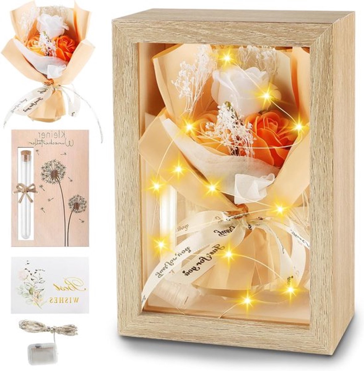 Huwelijksgeschenken voor het bruidspaar, uniek geldcadeau voor bruiloft, inclusief kunstbloemen en houten doos met lichtkettingen