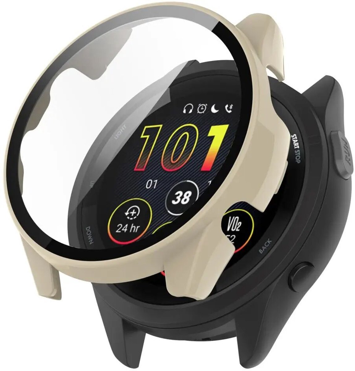 Hoesje met Ingebouwde Tempered Glass Geschikt voor Garmin Forerunner 165 - Smartwatch Hoes met Screen Protector - Hard Plastic Bumper Case - Beige