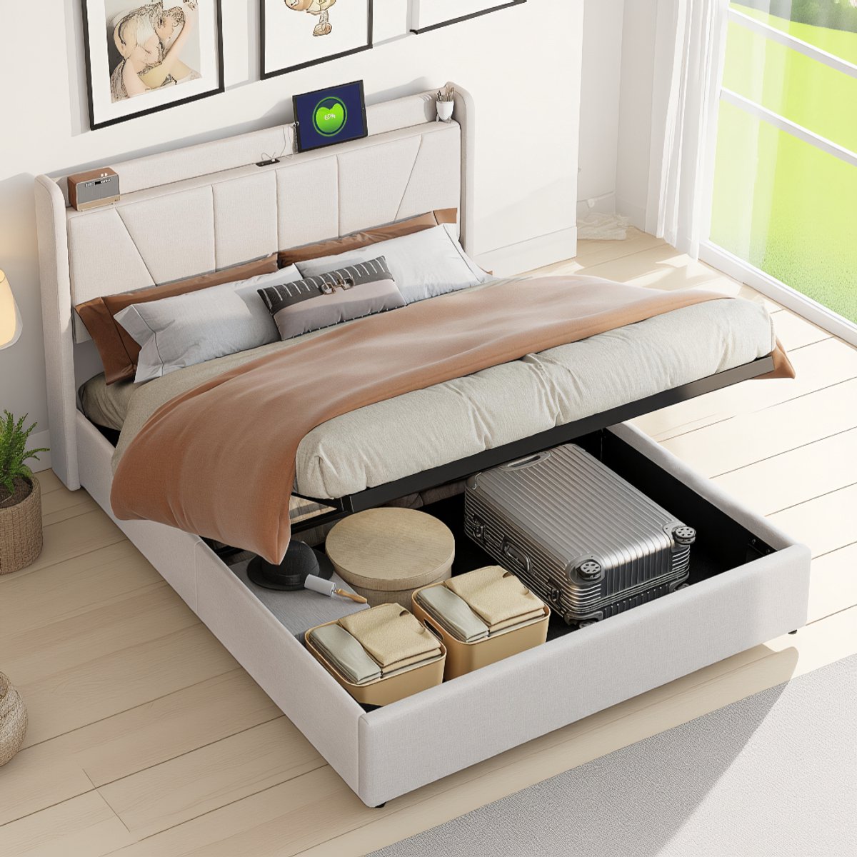 Gestoffeerd tweepersoonsbed 140x200 cm met opbergruimte en LED, hydraulisch bed met linnen bekleding en lattenbodem, beige, zonder matras