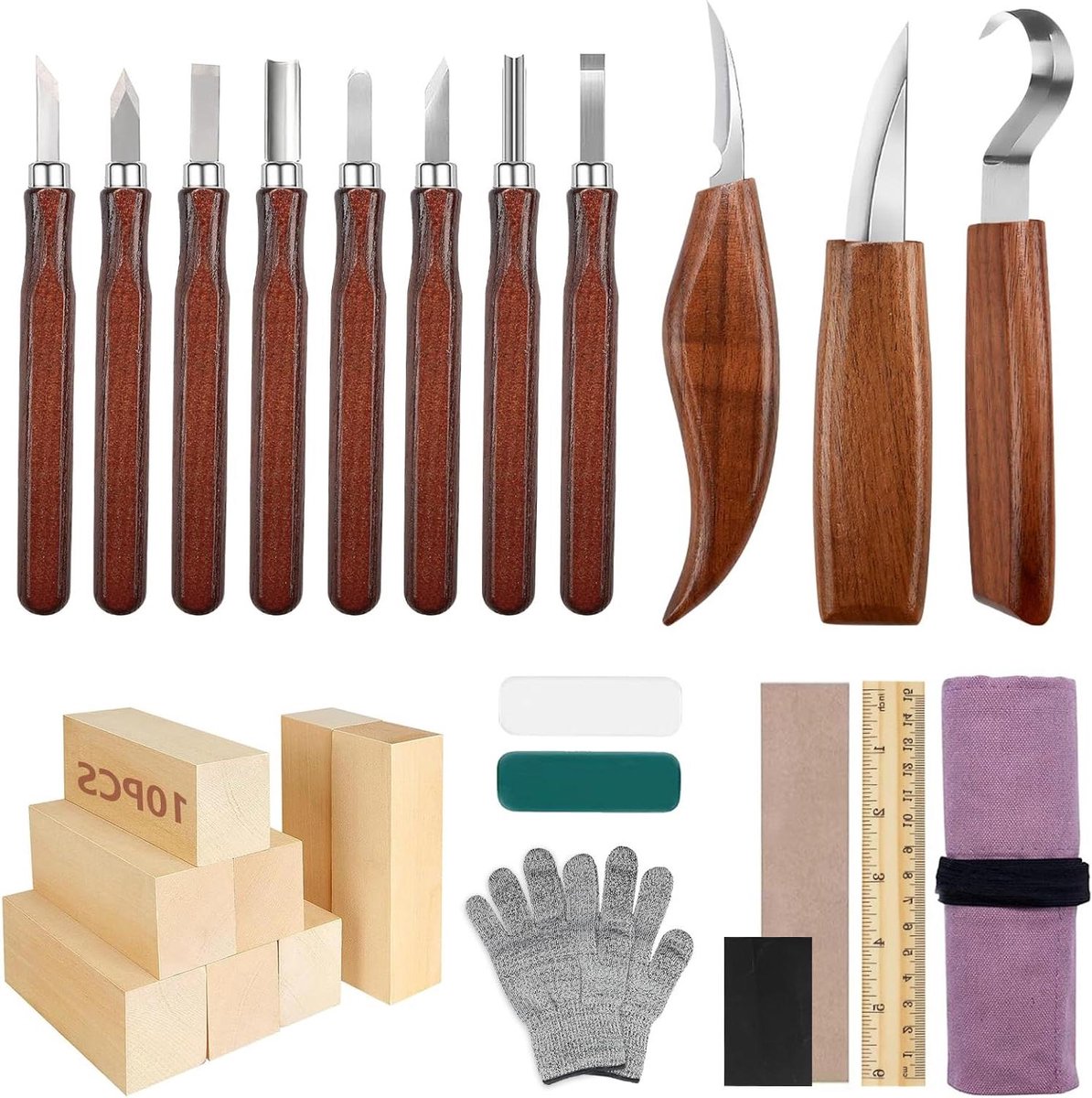 Houtsnijset - Snijgereedschap - Hout Bewerken - 29-delige Set - Inclusief Handschoenen - Bruin