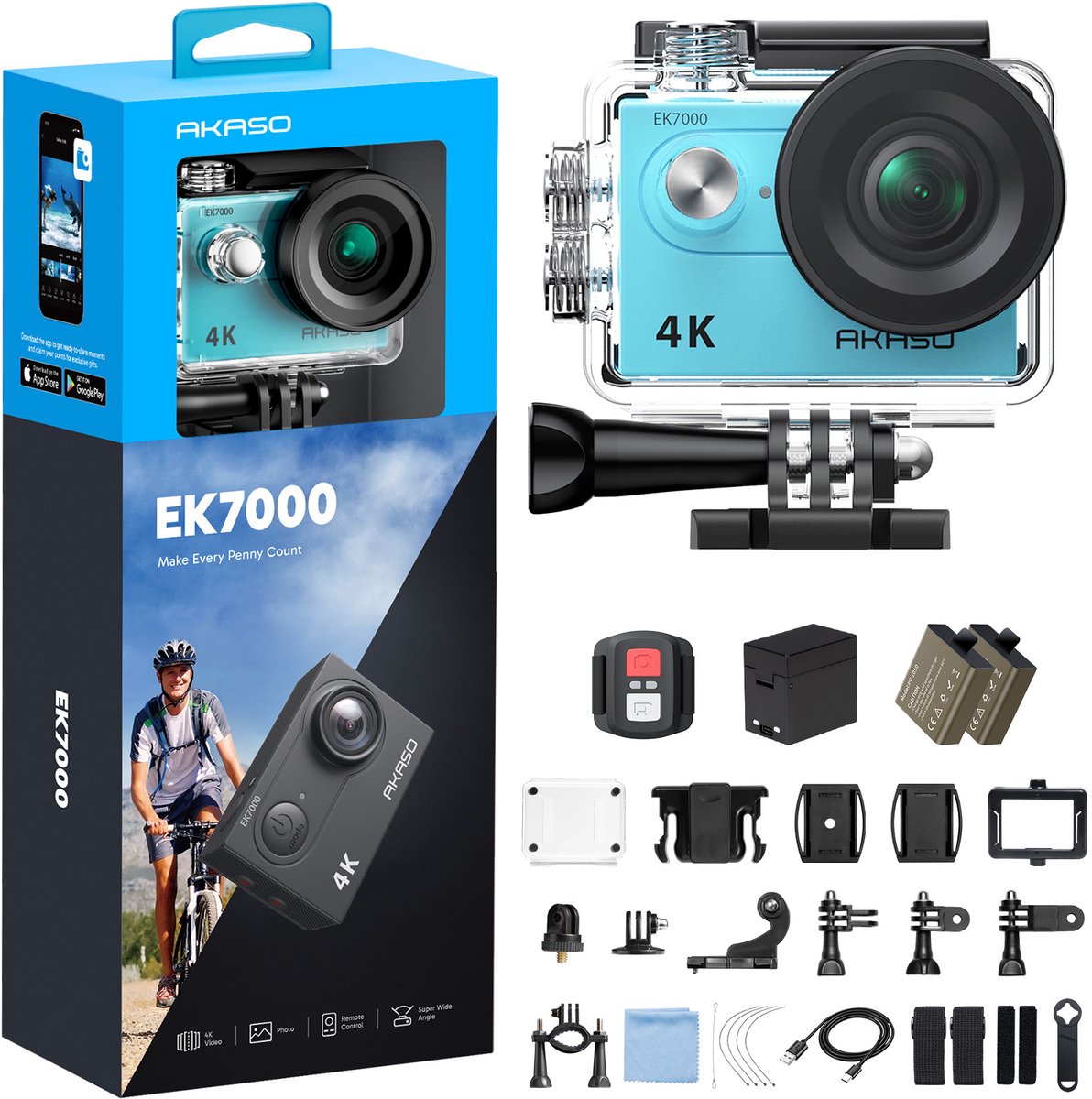 AKASO EK7000 Action Camera 4K – WiFi – Afstandsbediening – Waterdicht 30m – 4× Zoom – Onderwatercamera met Accessoireset – Blauw