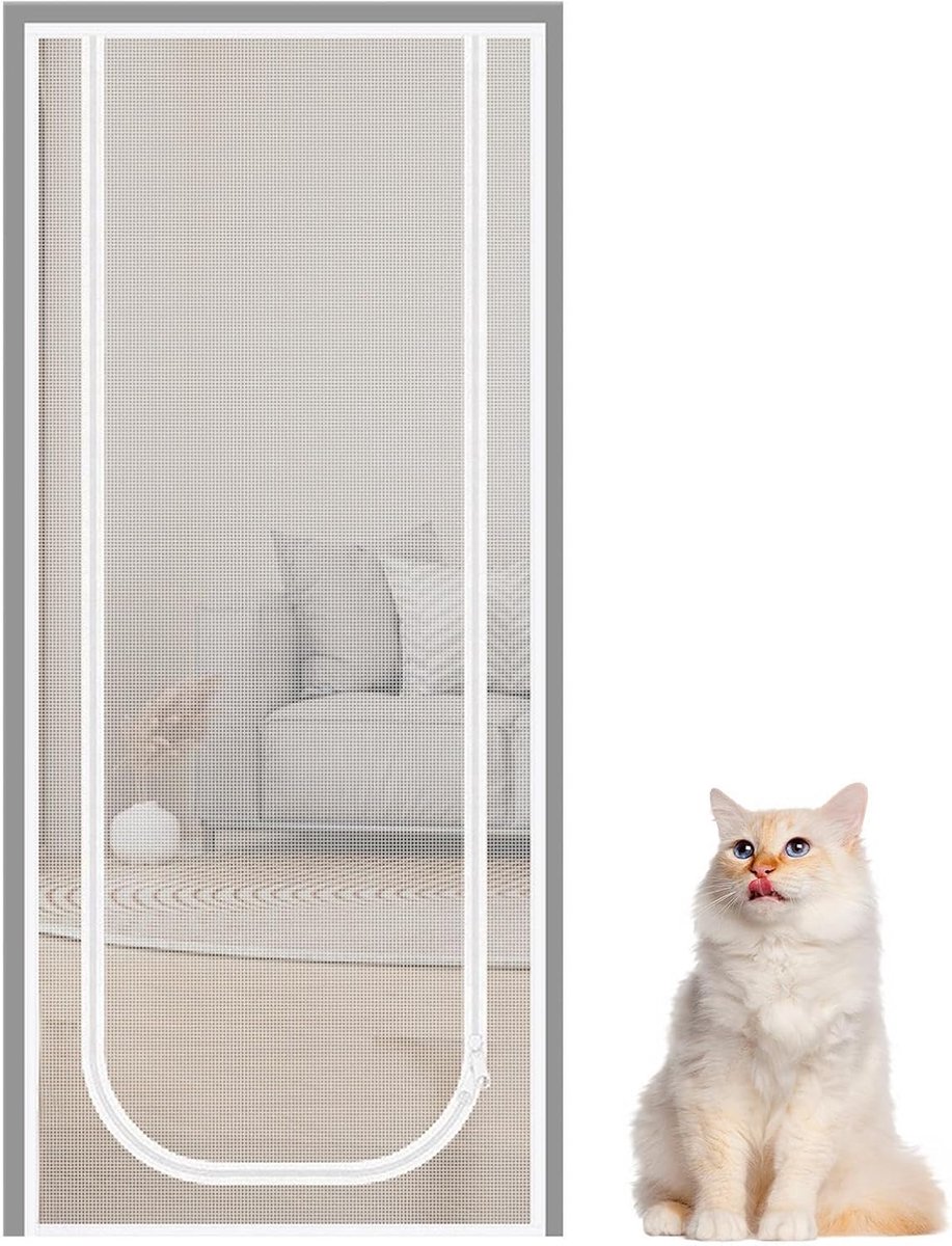 Kattenhordeur - 80x200cm - Versterkt Gaas - Krasbestendig, Veiligheidsnet - Met Dubbele Ritssluiting - Duurzame PP PE-stof - Houdt Huisdieren Veilig En Frisse Lucht Circuleren - wit