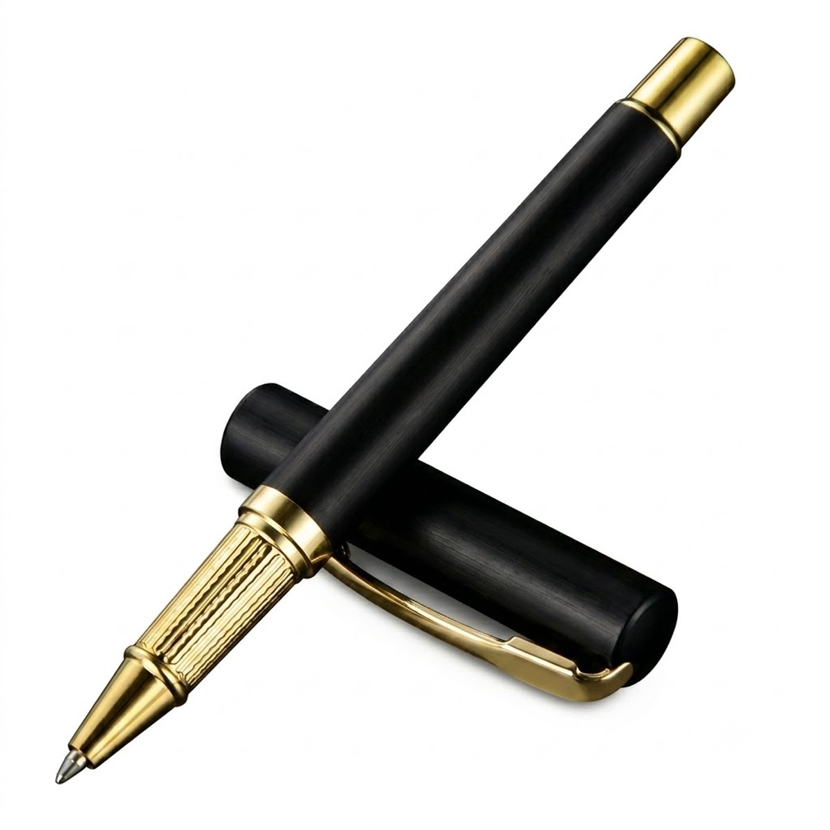 Zwarte balpen unisex met drukmechanisme, goudkleurige metalen accenten, metalen clip en geribbelde grip voor kantoor, handtekeningen, notities en dagelijks schrijven
