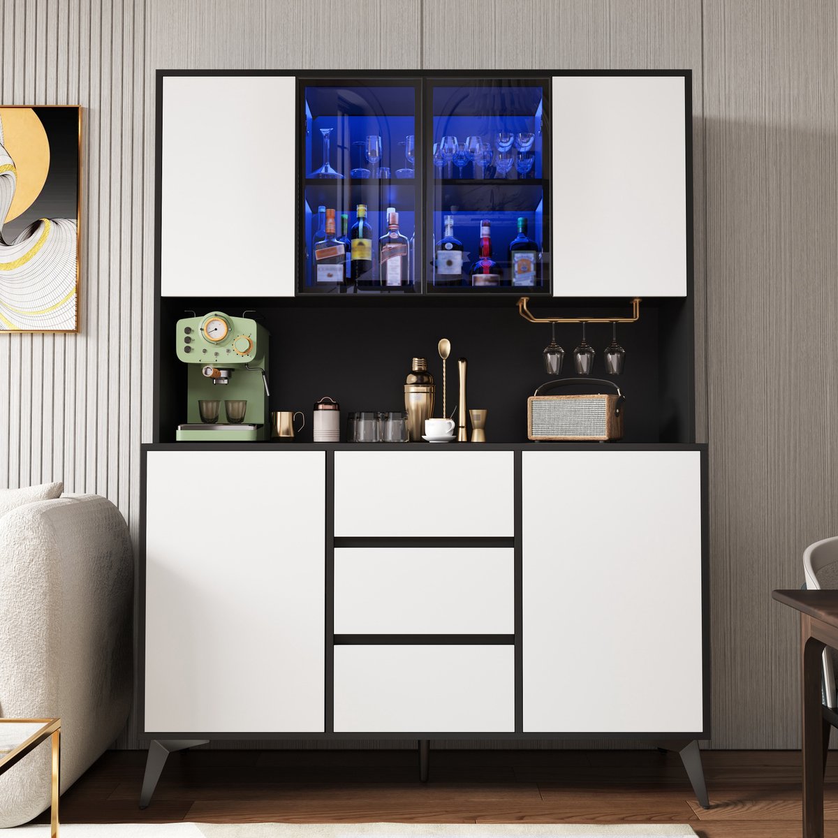 VVBV Bar-/Drankkast - 120 x 40 x 160 cm, Zwart-Wit, met 3 Lades en 4 Deuren, LED-Verlichting, App-bediening, Glazen Vakken