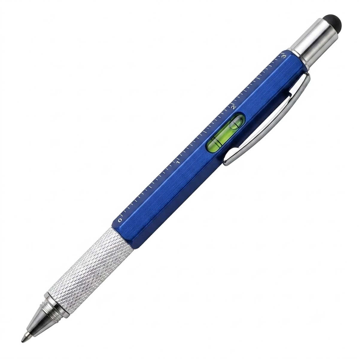 Blauwe multipen unisex 6-in-1 multifunctionele tool pen met balpen, touch screen stylus, schroevendraaier, waterpas, liniaal schaal en metalen grip voor kantoor, werkplaats, hobby en dagelijks gebruik