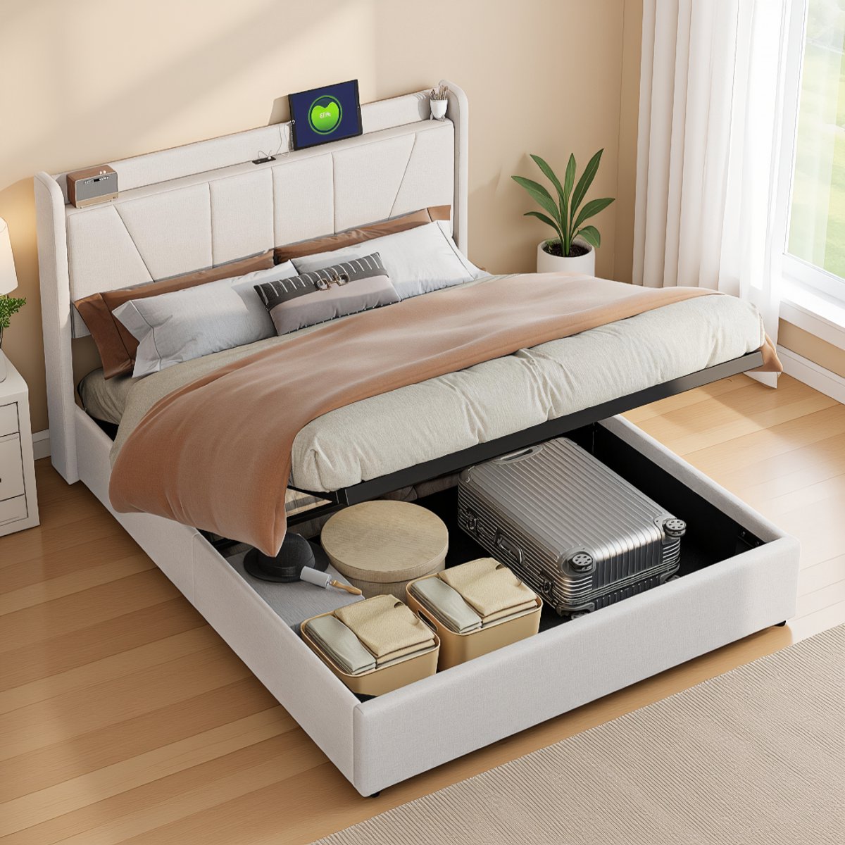Gestoffeerd tweepersoonsbed 160x200 cm met opbergruimte en LED, hydraulisch bed met linnen bekleding en lattenbodem, beige, zonder matras