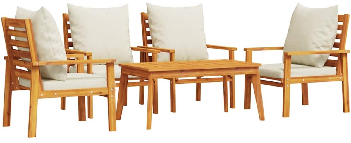 vidaXL 5-delige - Loungeset - met - kussens - massief - acaciahout crèmewit