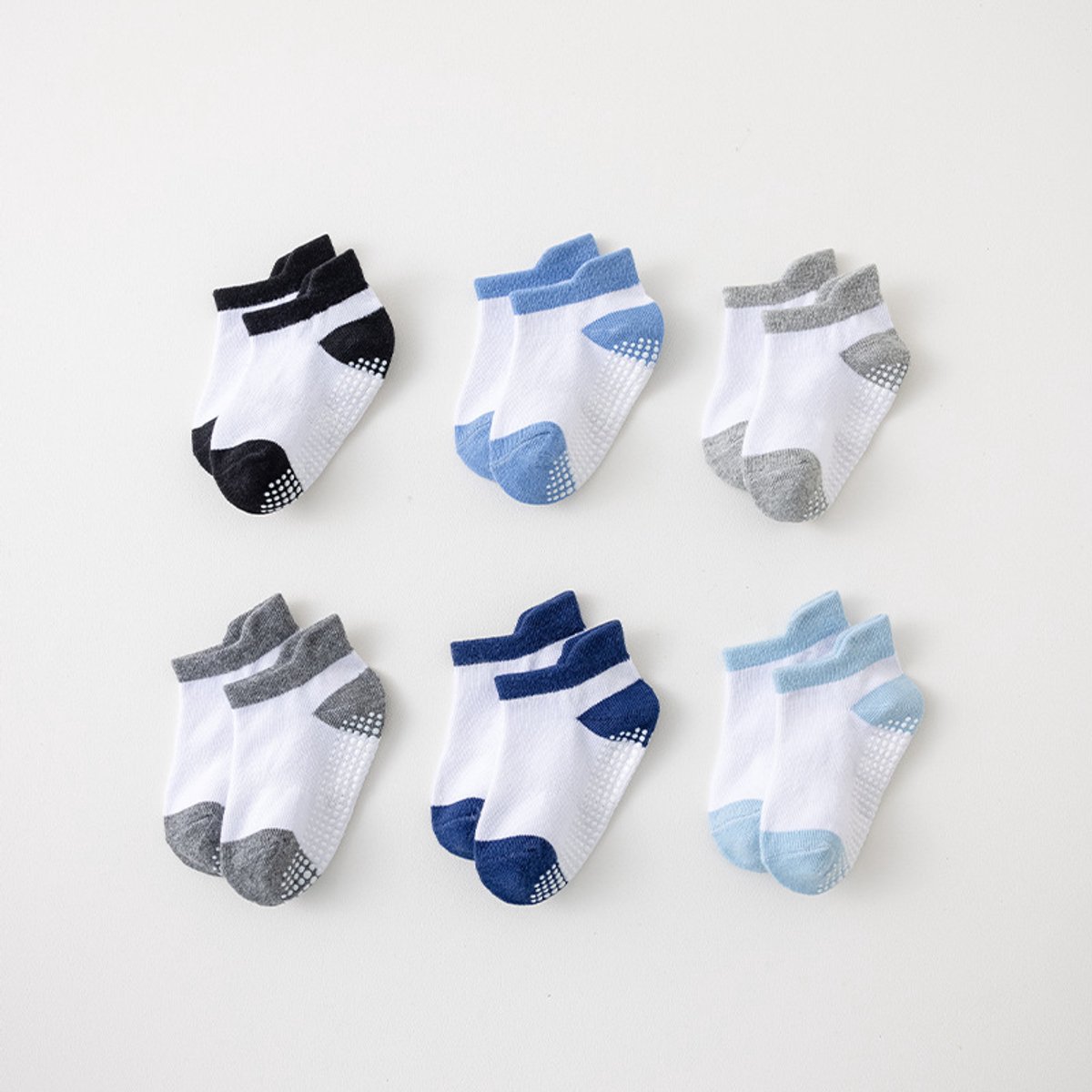 Contrastkleur antislip vloersokjes set van 6 paren maat S, ademend katoen babysokjes met siliconen gripzool voor baby’s van 0 tot 1 jaar, veilig kruipen en lopen binnenshuis