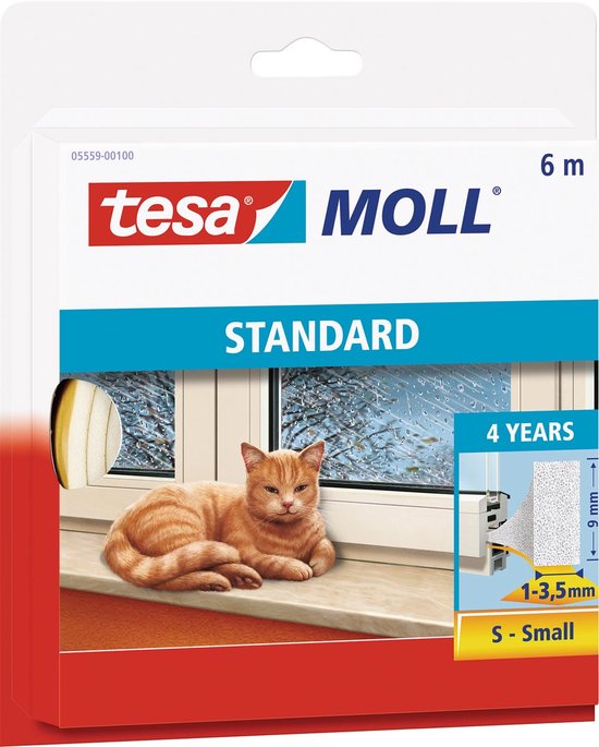 Tesa Moll Standard tochtstrip verpakking met kat en detail van profiel.