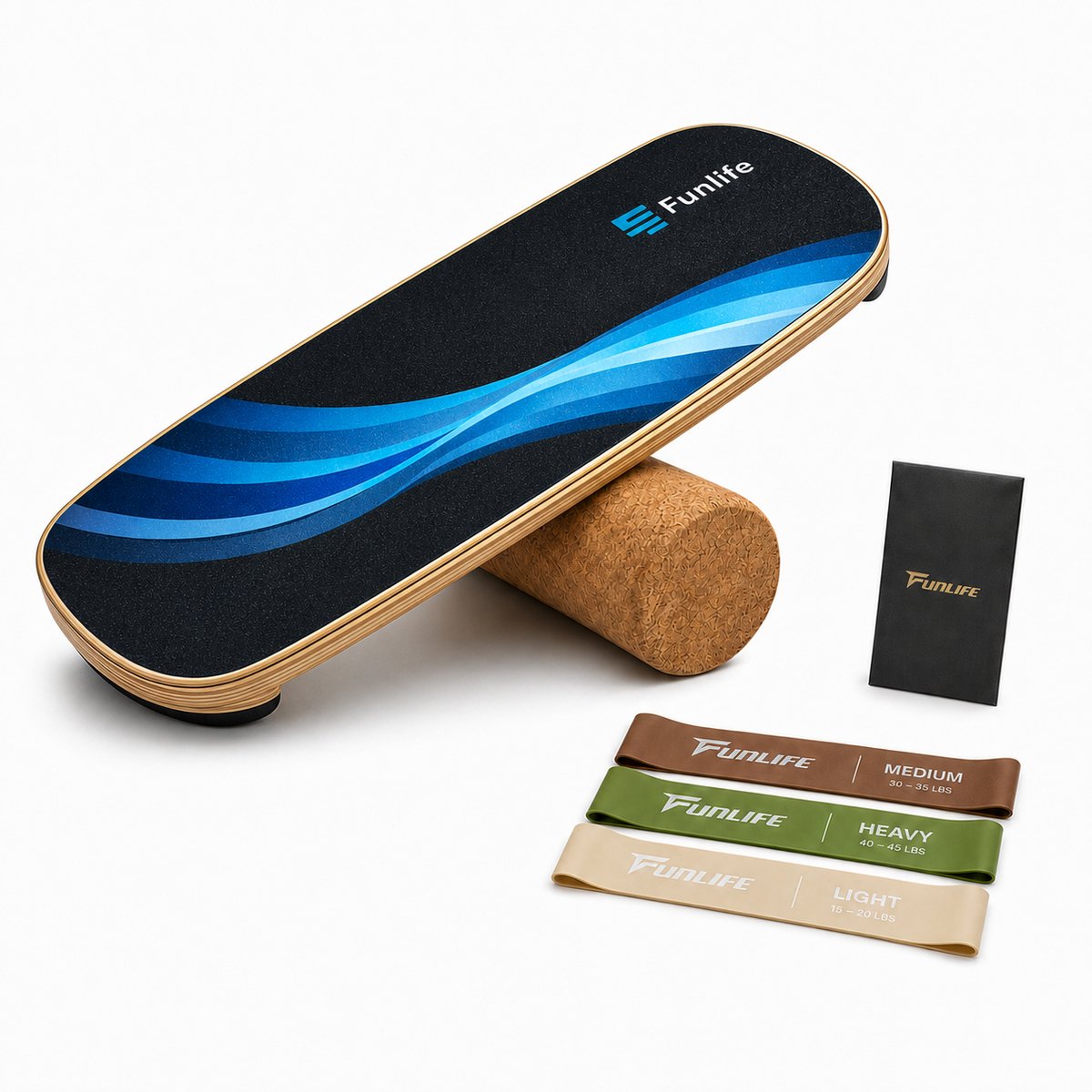 FunLife WAVE - Balance Board Set met kurkrol en 3 weerstandsbanden - Balancetrainer van berkenhout voor core-, balans- en krachttraining - Tot 150 kg