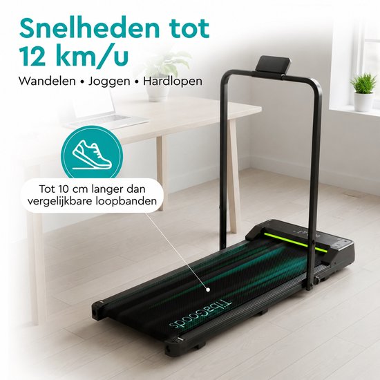 Zwarte TibaGoods loopband met groene accenten, instelbaar tot 12 km/u.