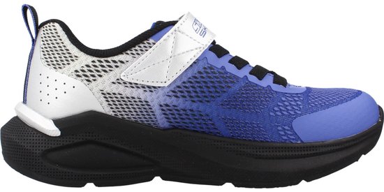 Blauwe Skechers sneaker met grijs verloop, witte klittenbandsluiting, zwarte veters en zilveren hiel.