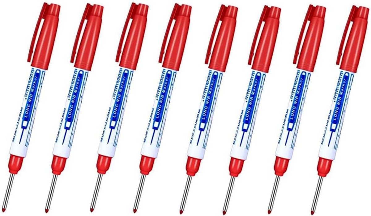 SnelShoppen - 8 Stuks Diepe Gaatjes Hooglighters Waterdicht Lange Punt Markeer Pens voor Houtbewerking Bouw Industrie (Rood)