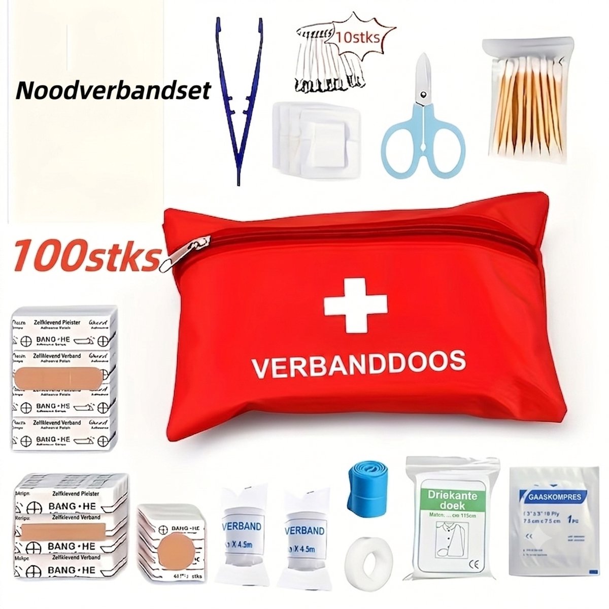 100 delige EHBO-kit voor thuis, rode kruis draagtas met schaar en pincet, geschikt voor thuis en outdoor kamperen, avontuur, noodsituaties