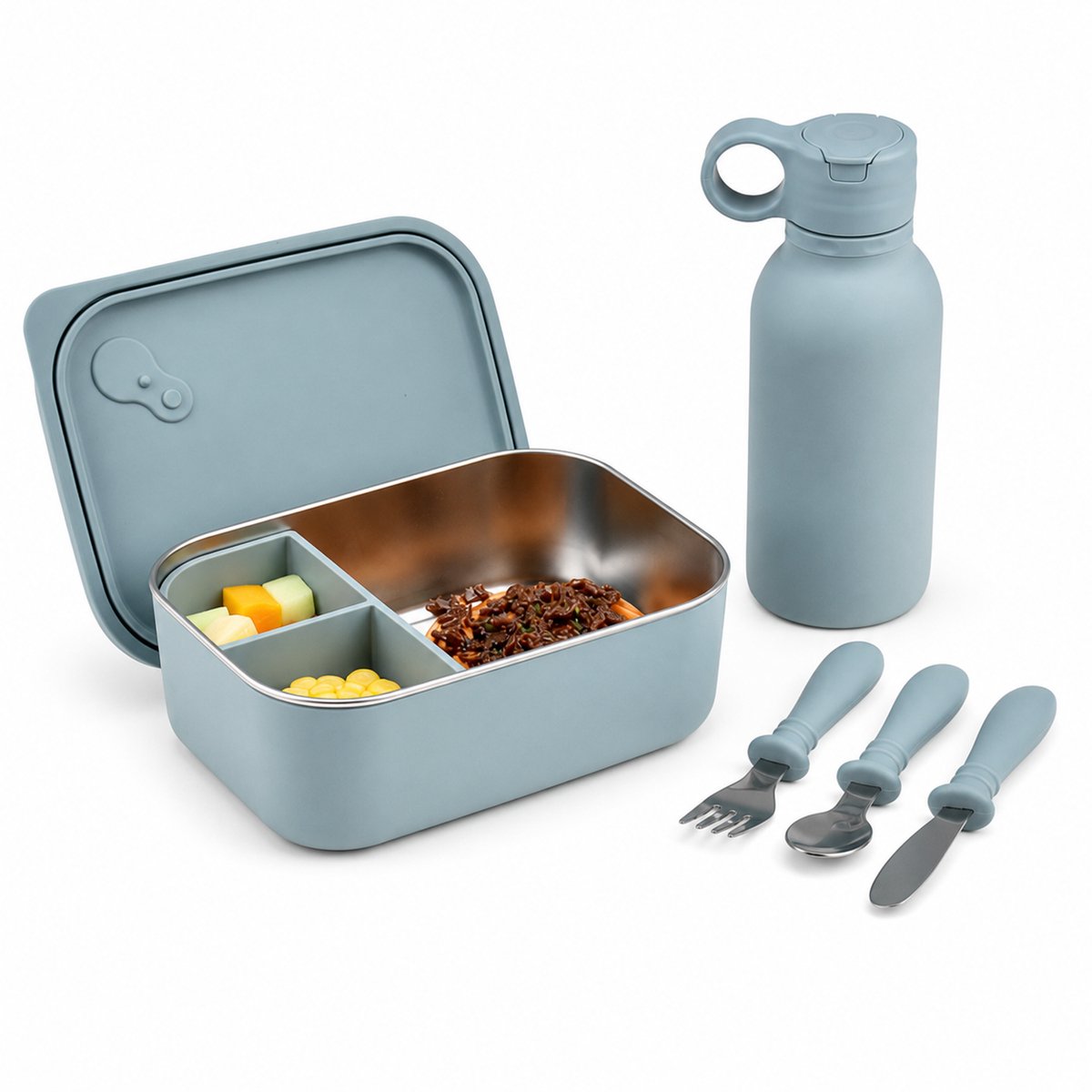 VHV - Kinderlunchbox Set 5-delig - Broodtrommel met 3 Vakken, Drinkfles en Bestek - Grijsblauwe Lunchset voor School, Picknick en Onderweg